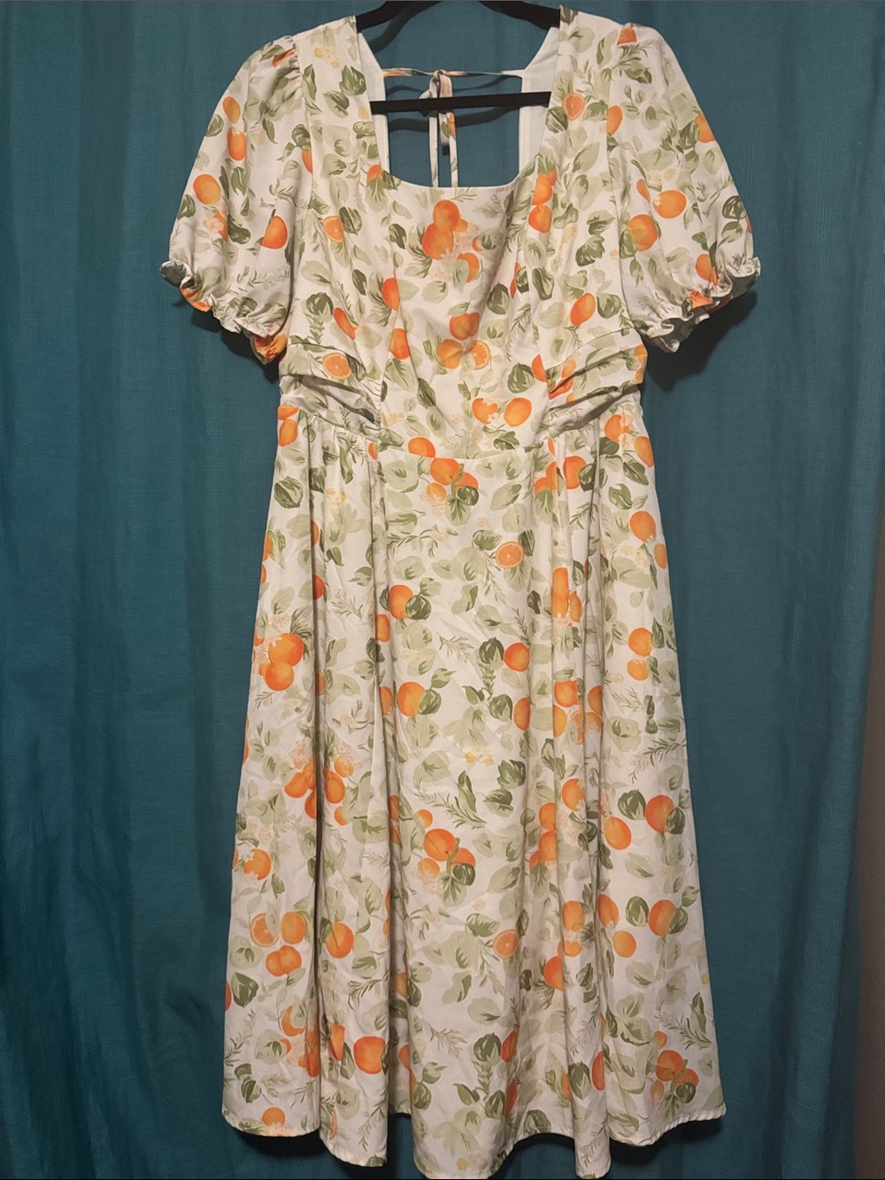 Women's Cream Orange Print Puff-Sleeve Casual Dress with Pockets